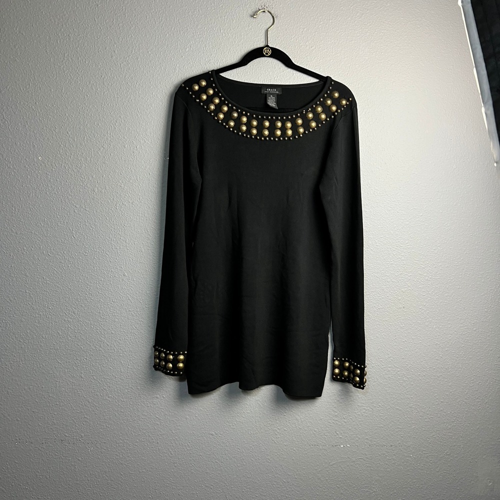 Grace Knit Dressing Black Long Sleeve Studded‎ Neckline Cuff Sweater Top XL NYE